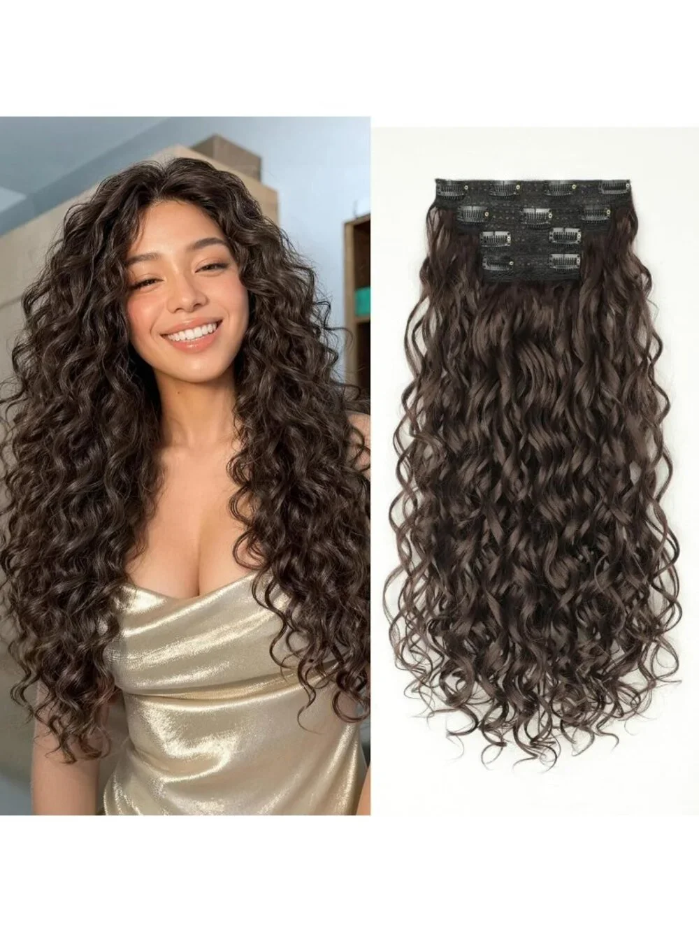 Bouncy Curly Clip-In Hair Extensions 4PCS - Synthetic Volume & Length Boost